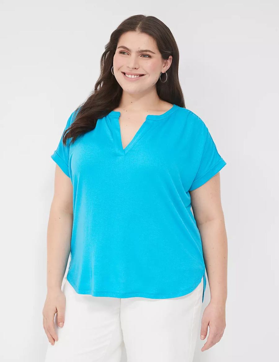 Women Lane Bryant Relaxed Gauze Notch-Neck Shirts Blue | AJL905FZ