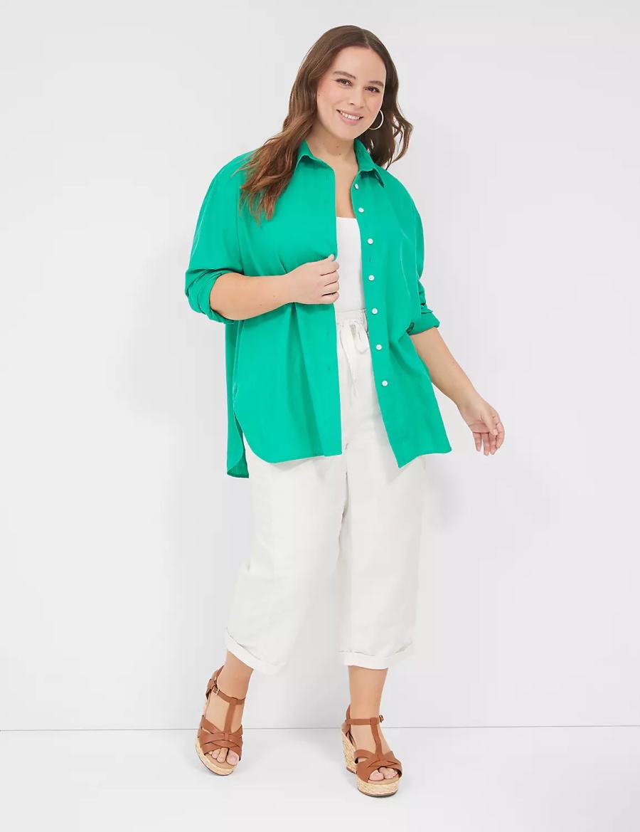 Women Lane Bryant Relaxed Linen Button-Down Shirts Turquoise | YYF8248BR