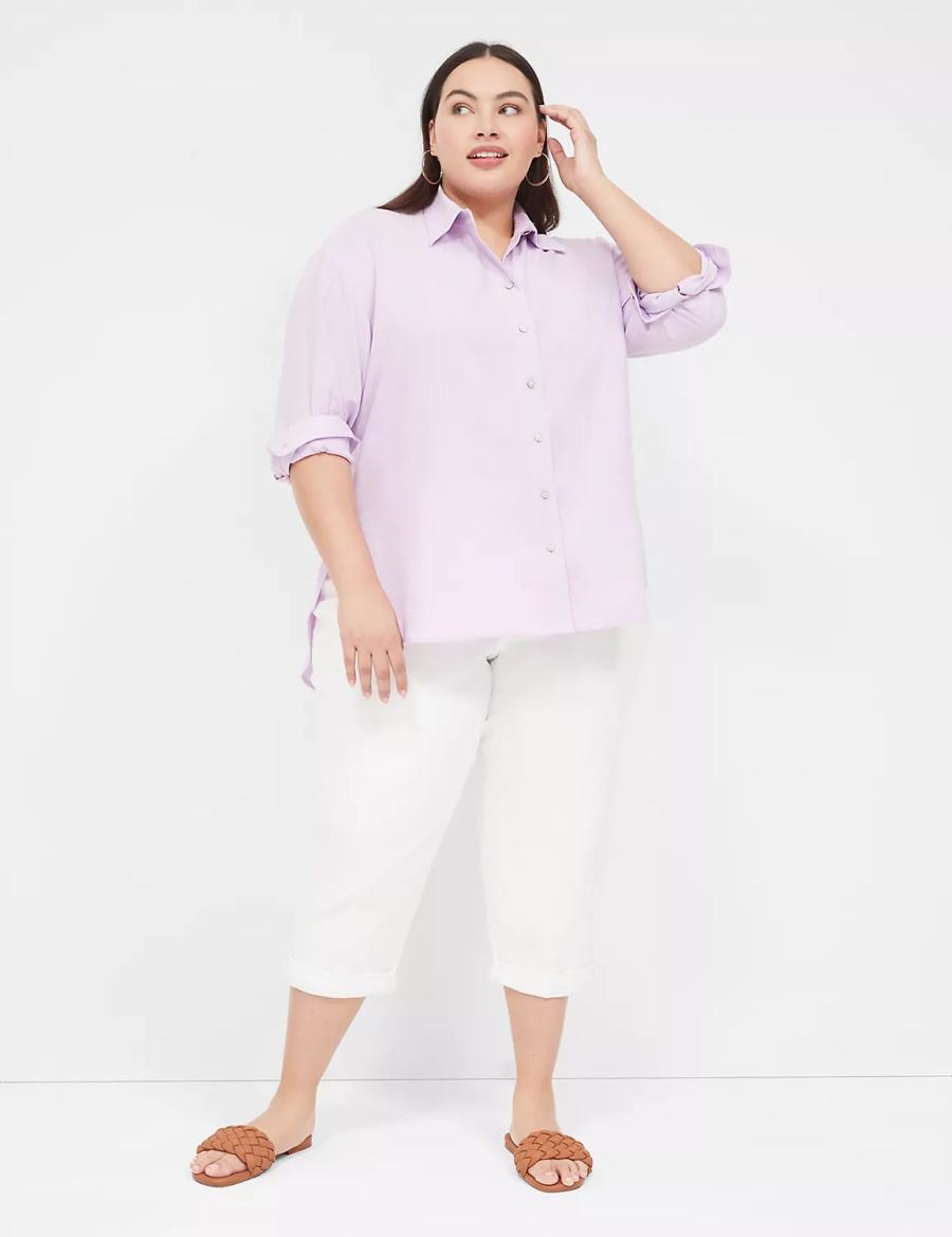 Women Lane Bryant Relaxed Linen Button-Down Shirts Purple | FBE2086WS