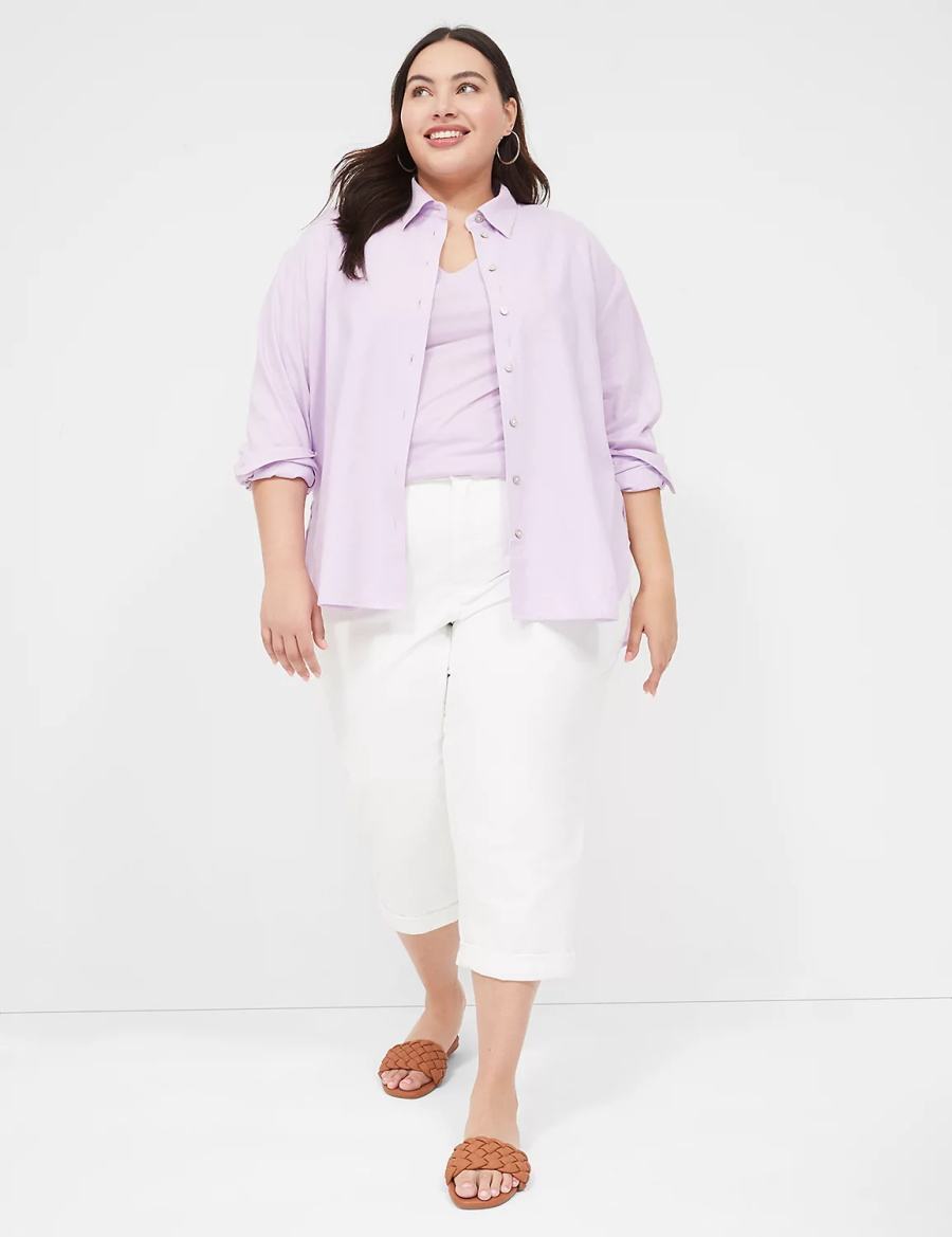 Women Lane Bryant Relaxed Linen Button-Down Shirts Purple | FBE2086WS