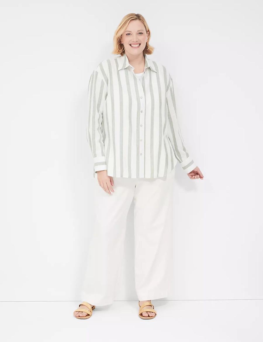 Women Lane Bryant Relaxed Linen Button-Down Shirts Olive Stripes | LEI9174AJ