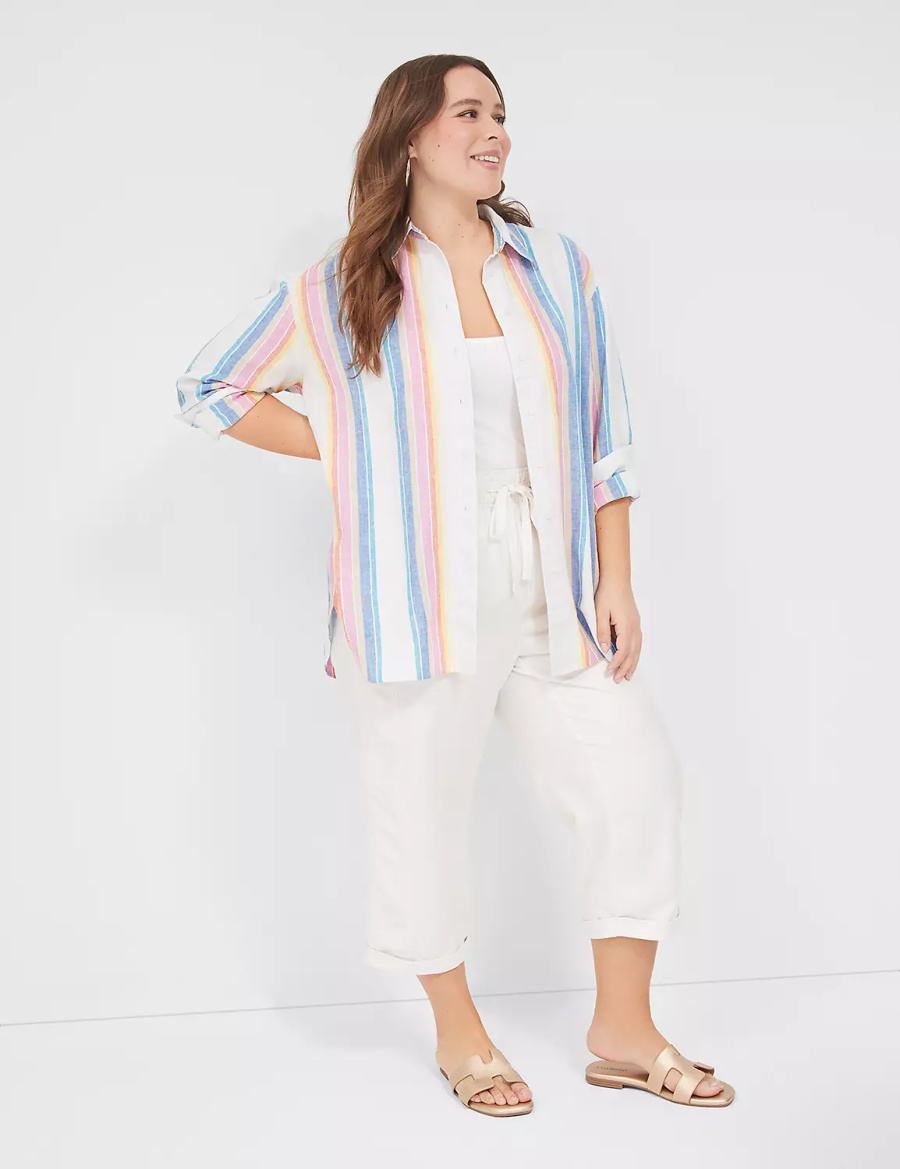 Women Lane Bryant Relaxed Linen Button-Down Shirts White Multicolor Stripes | KCX8855IK