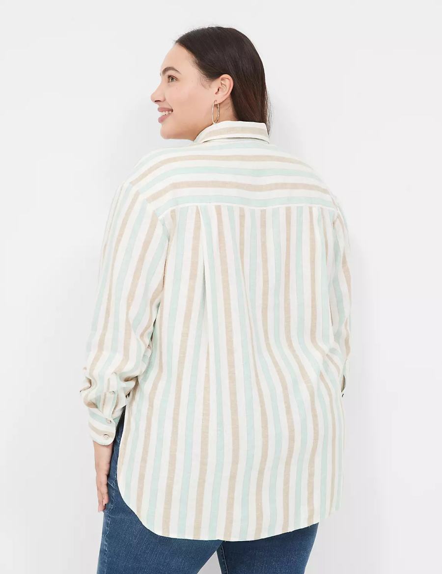 Women Lane Bryant Relaxed Linen Button-Down Shirts White Multicolor Stripes | QPA9243HT