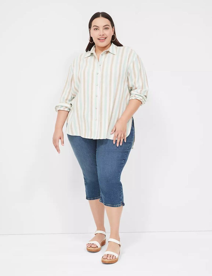 Women Lane Bryant Relaxed Linen Button-Down Shirts White Multicolor Stripes | QPA9243HT