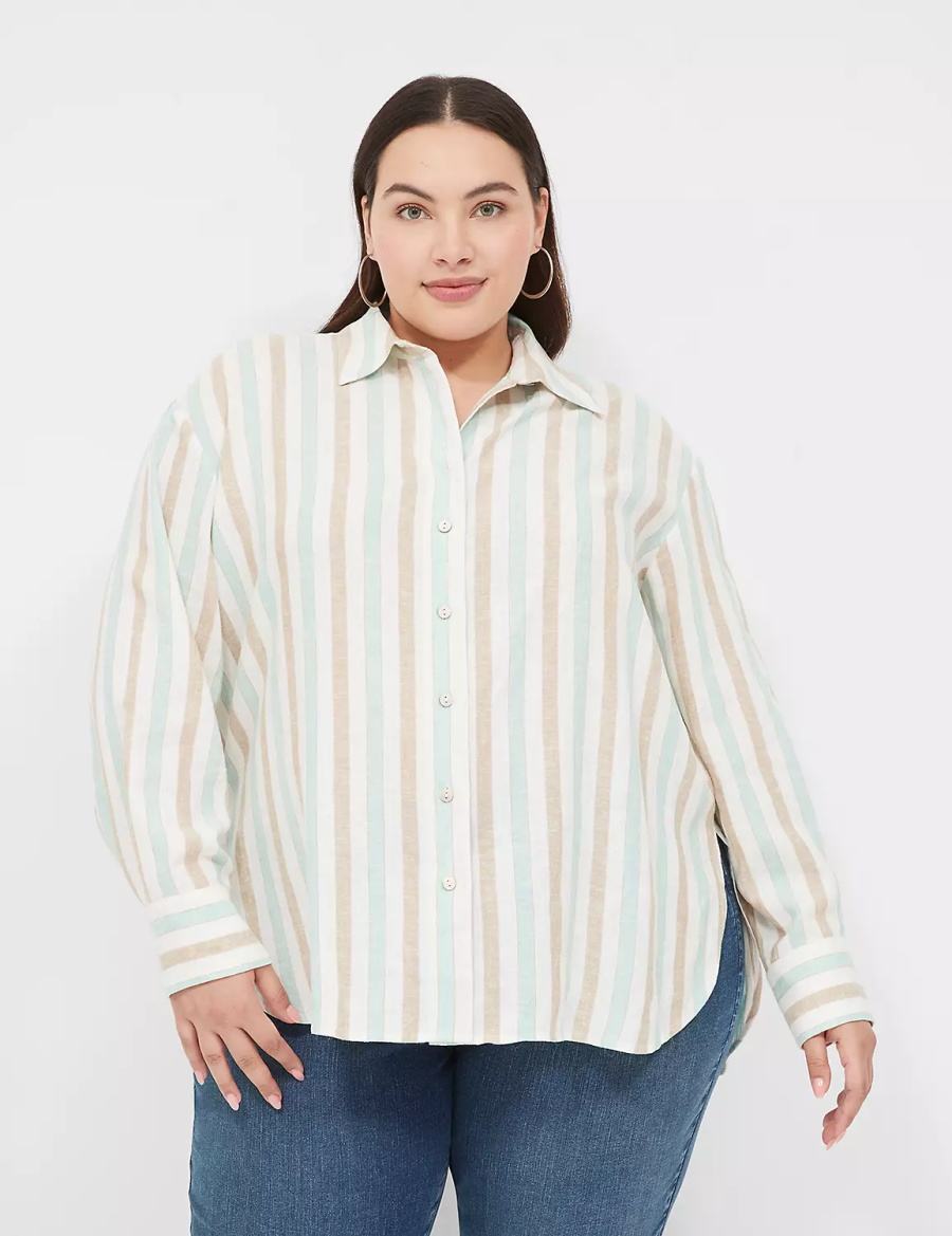 Women Lane Bryant Relaxed Linen Button-Down Shirts White Multicolor Stripes | QPA9243HT