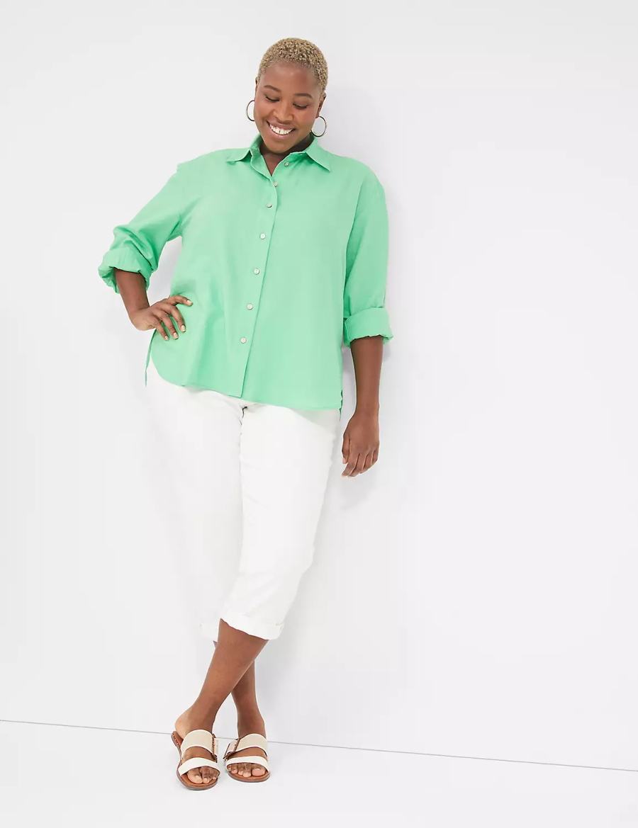 Women Lane Bryant Relaxed Linen Button-Down Shirts Light Green | SFC3358VB