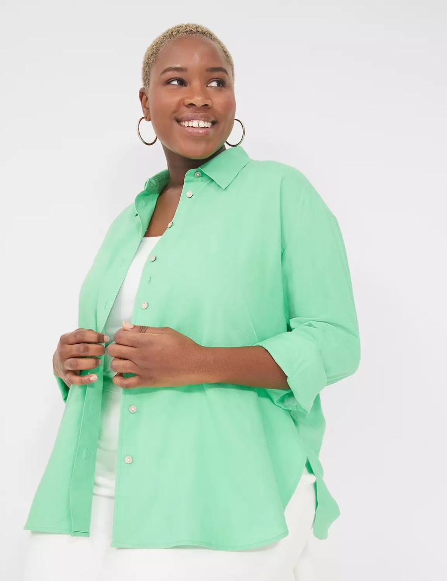 Women Lane Bryant Relaxed Linen Button-Down Shirts Light Green | SFC3358VB