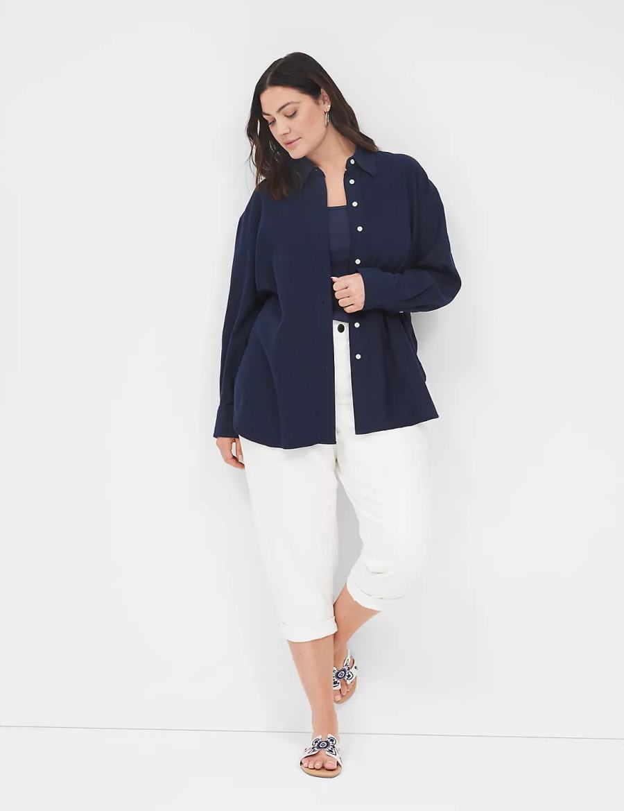 Women Lane Bryant Relaxed Linen Button-Down Shirts Blue | NAR8418GC