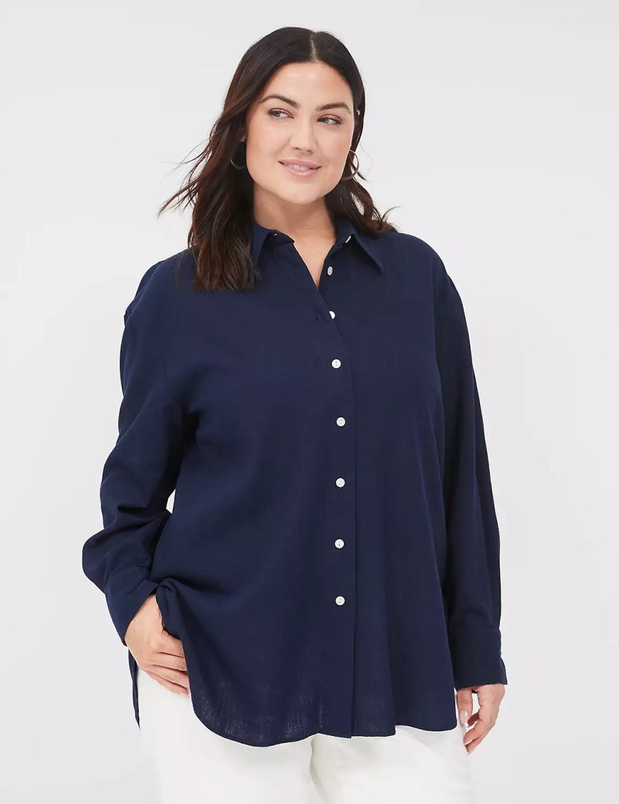 Women Lane Bryant Relaxed Linen Button-Down Shirts Blue | NAR8418GC