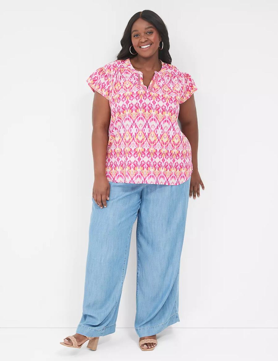 Women Lane Bryant Relaxed Notch-Neck Woven & Knit Top T Shirts Pink | EVS7470FU