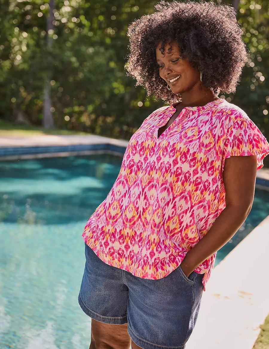 Women Lane Bryant Relaxed Notch-Neck Woven & Knit Top T Shirts Pink | EVS7470FU