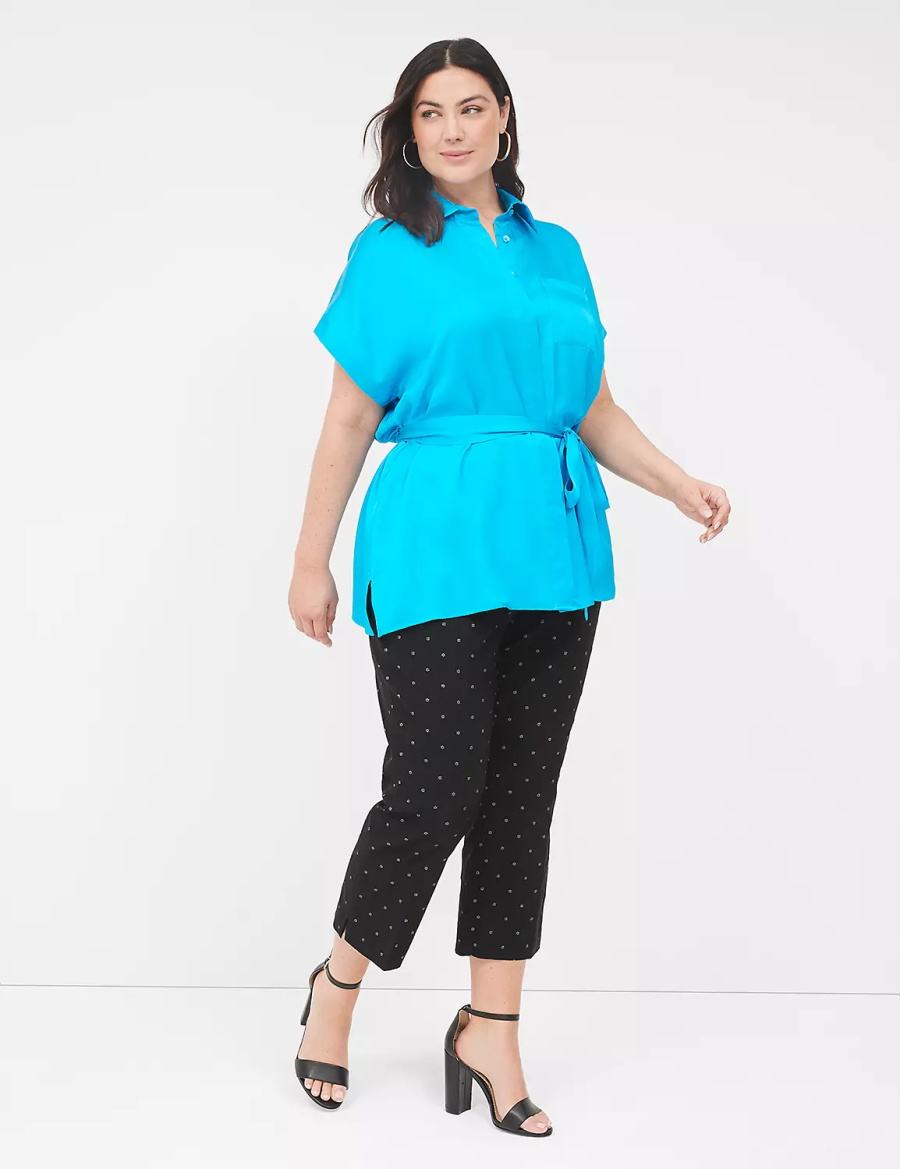 Women Lane Bryant Relaxed Satin Dolman-Sleeve Button-Front Tunic Shirts Blue | MOR6735PX