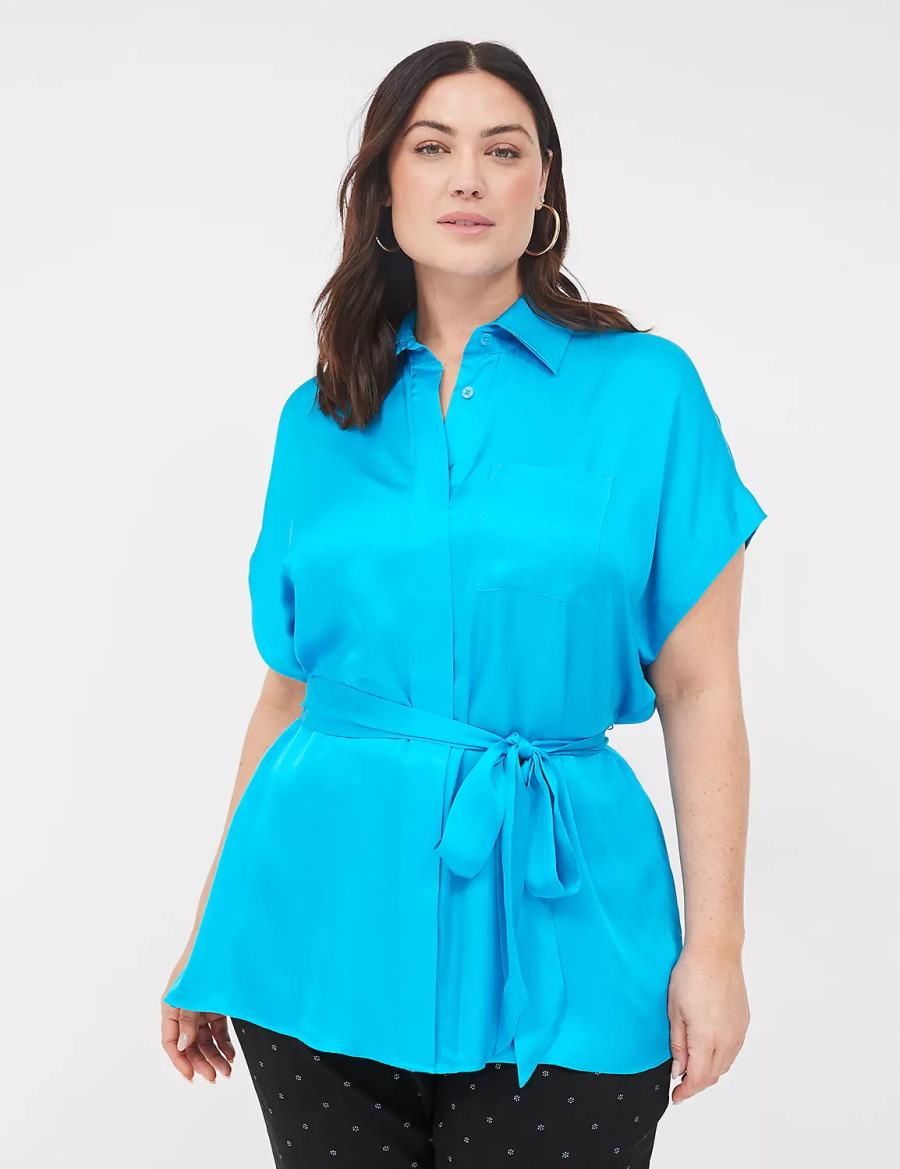 Women Lane Bryant Relaxed Satin Dolman-Sleeve Button-Front Tunic Shirts Blue | MOR6735PX