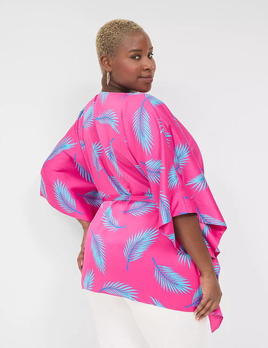 Women Lane Bryant Relaxed Split-Neck Kimono Top Blouse Pink Blue | NIV2146XU