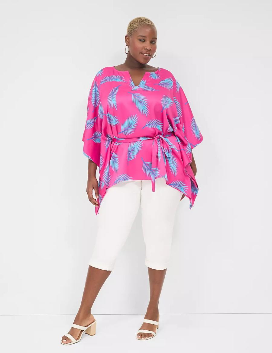 Women Lane Bryant Relaxed Split-Neck Kimono Top Blouse Pink Blue | NIV2146XU