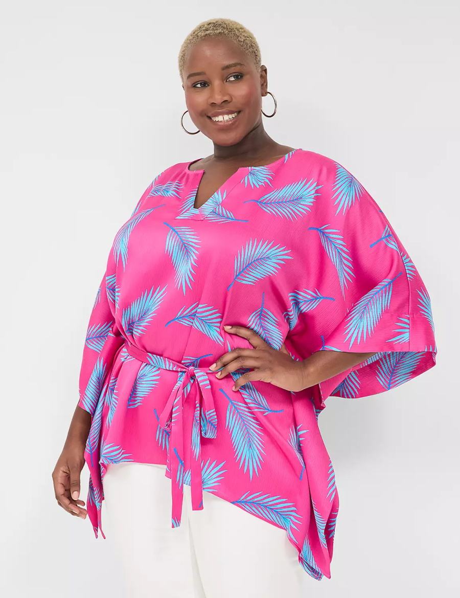 Women Lane Bryant Relaxed Split-Neck Kimono Top Blouse Pink Blue | NIV2146XU