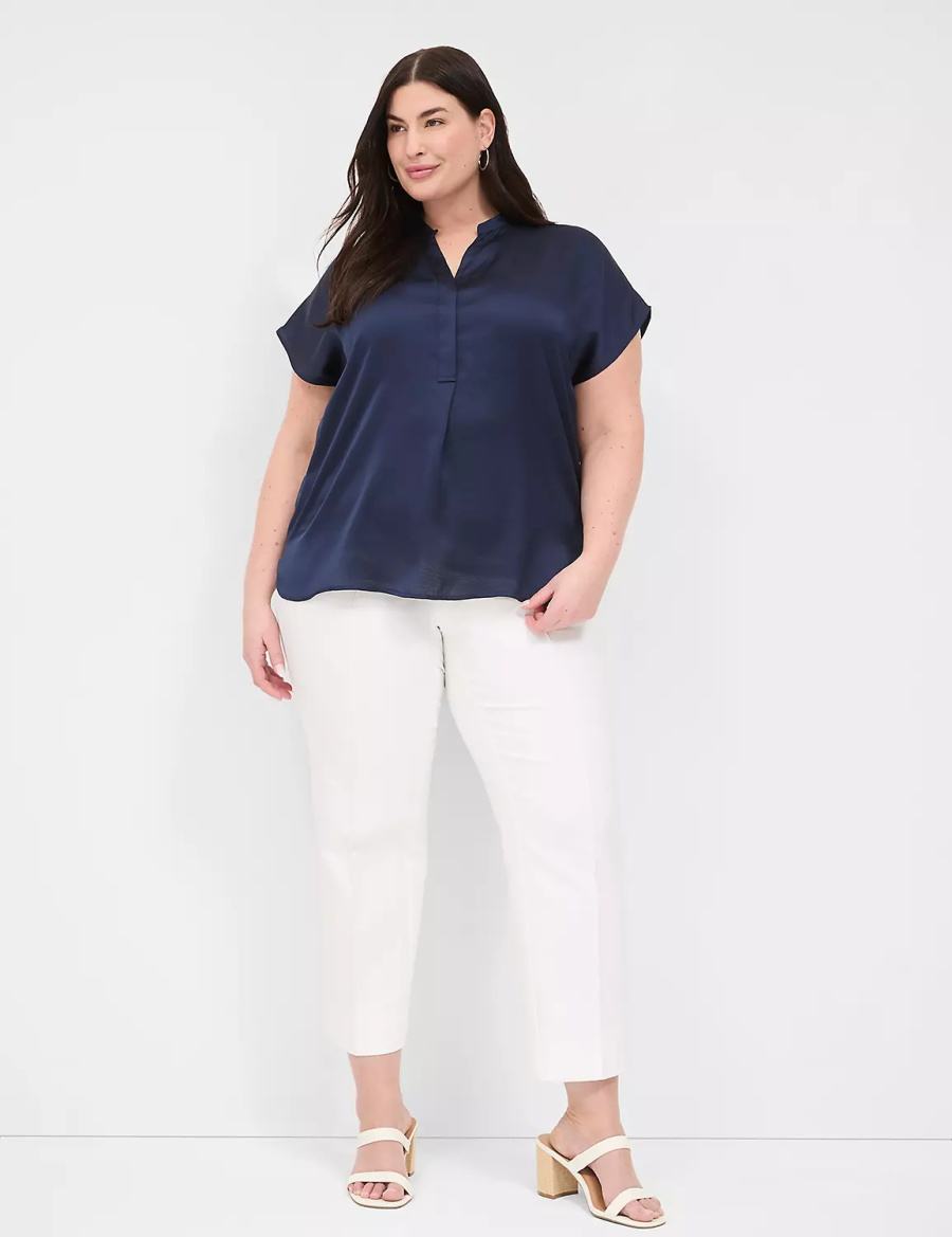 Women Lane Bryant Relaxed Split-Neck Popover Blouse Blue | YIG5475CY