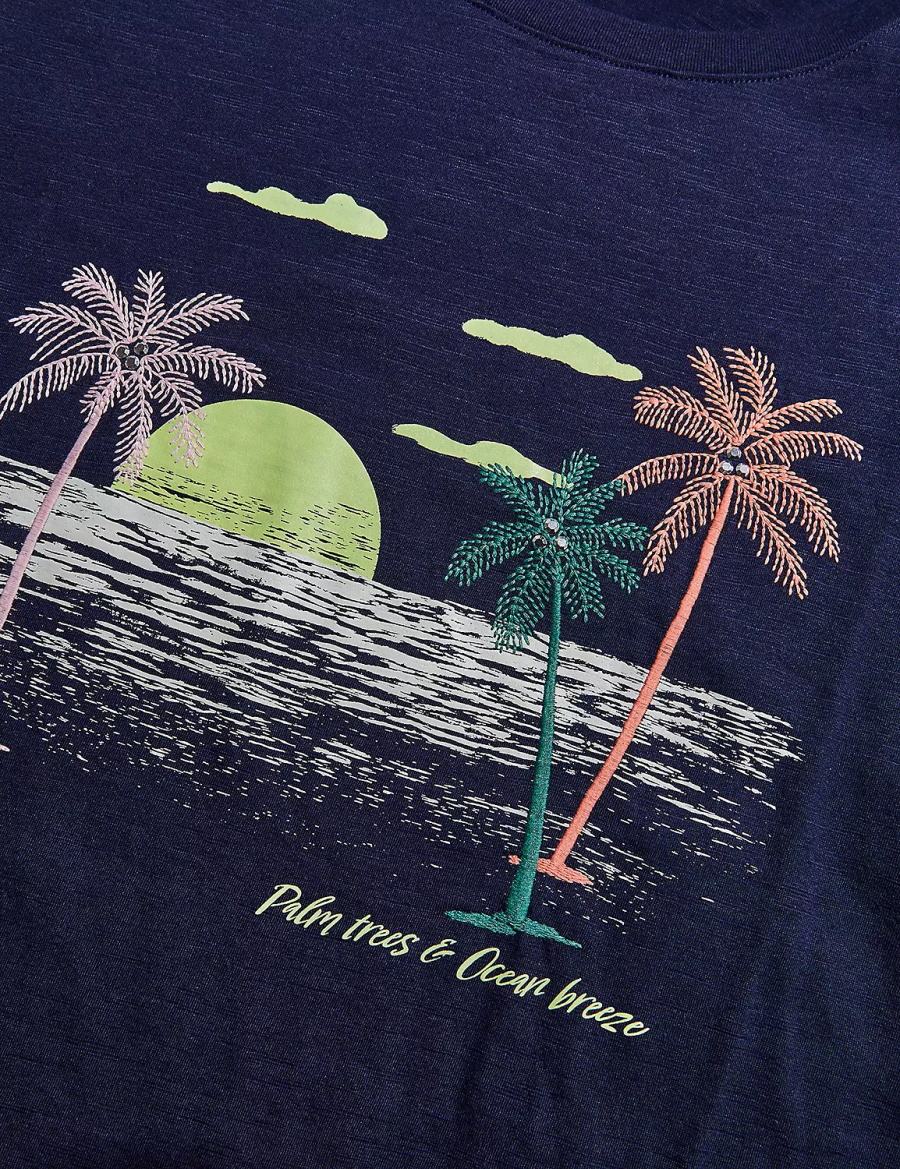 Women Lane Bryant Rhinestone Palm Trees & Ocean Breeze Graphic Tee T Shirts Blue | WKC5637QS