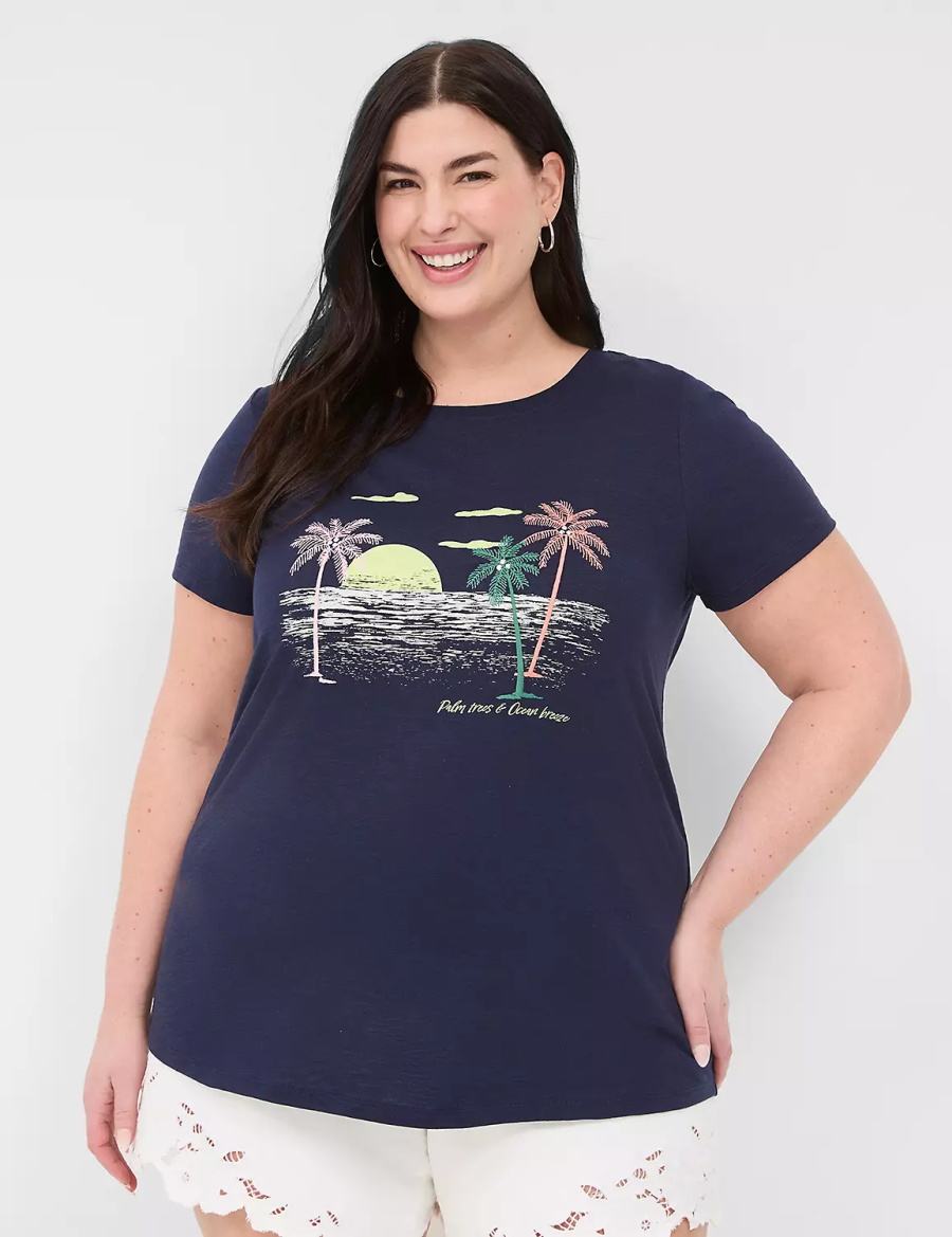 Women Lane Bryant Rhinestone Palm Trees & Ocean Breeze Graphic Tee T Shirts Blue | WKC5637QS