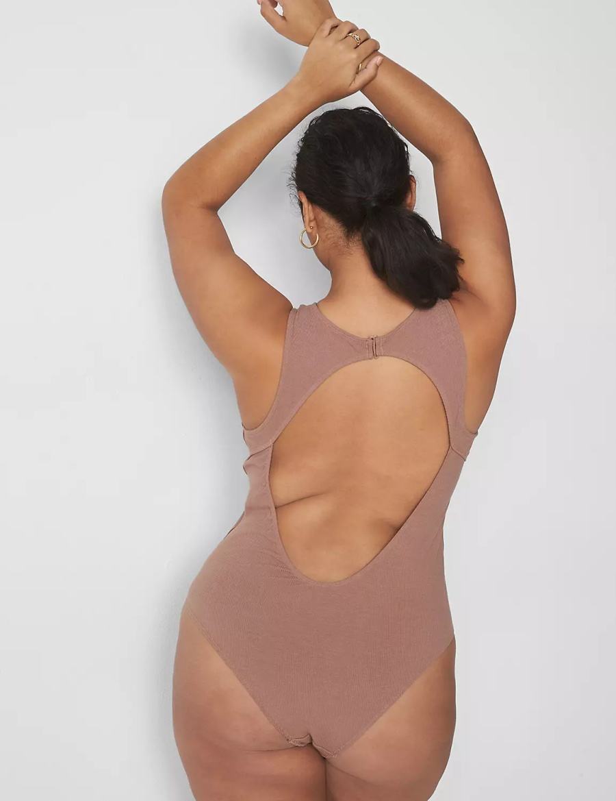 Women Lane Bryant Rib Open-Back Bodysuit Brown | ZLI7734OW