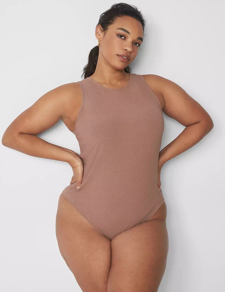 Women Lane Bryant Rib Open-Back Bodysuit Brown | ZLI7734OW