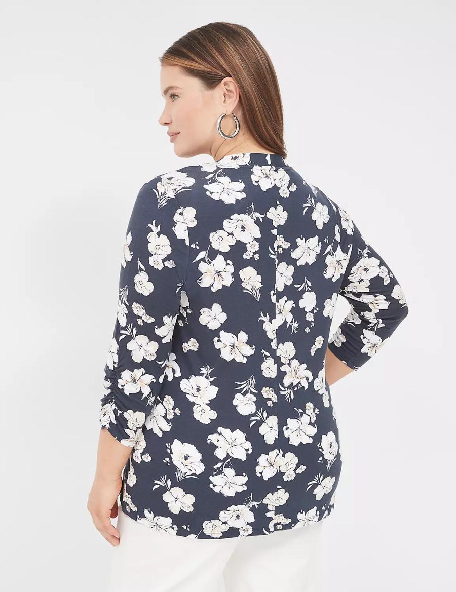 Women Lane Bryant Ruched 3/4-Sleeve Open-Front Overpiece Robe Navy | PAX7558FN