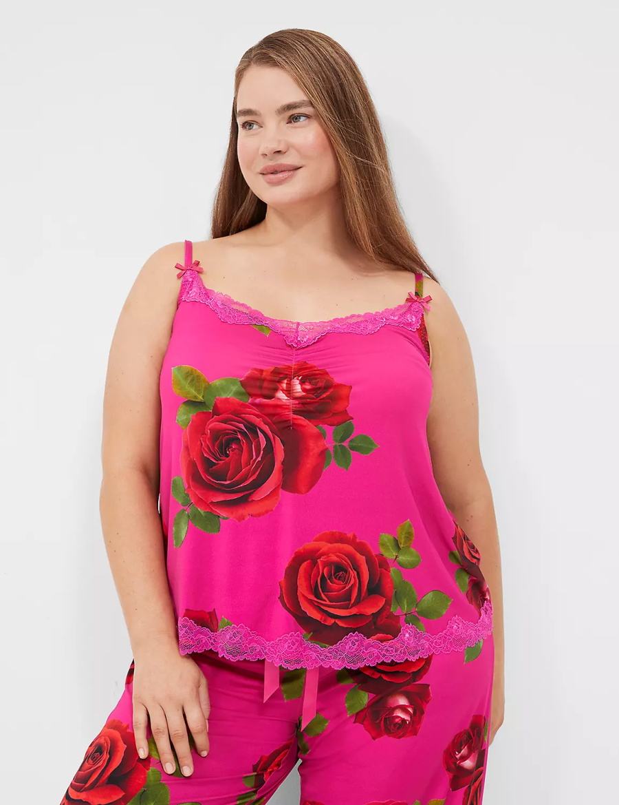 Women Lane Bryant Ruched Cami & Pant PJ Set Pajamas Rose Fuchsia | BIJ6037ZZ