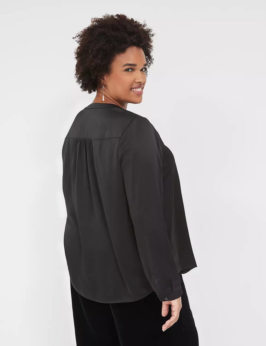 Women Lane Bryant Satin Banded-Neck Ruched-Shoulder Shirts Black | CZD3297JH