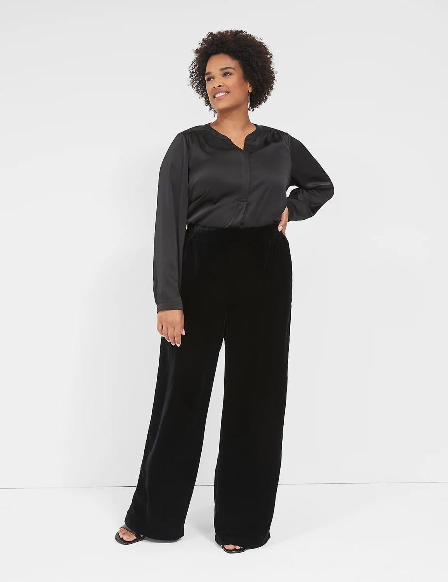 Women Lane Bryant Satin Banded-Neck Ruched-Shoulder Shirts Black | CZD3297JH