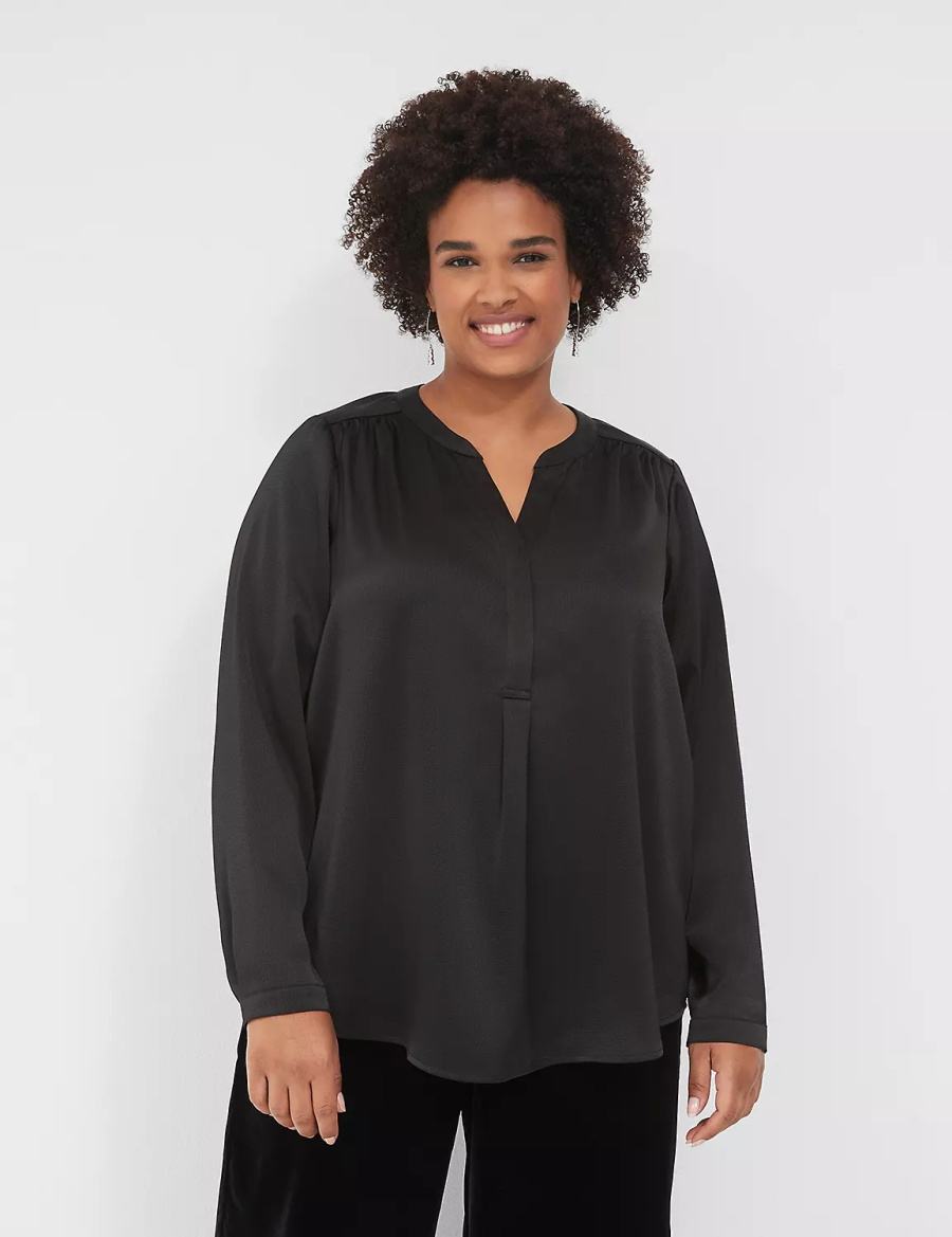 Women Lane Bryant Satin Banded-Neck Ruched-Shoulder Shirts Black | CZD3297JH