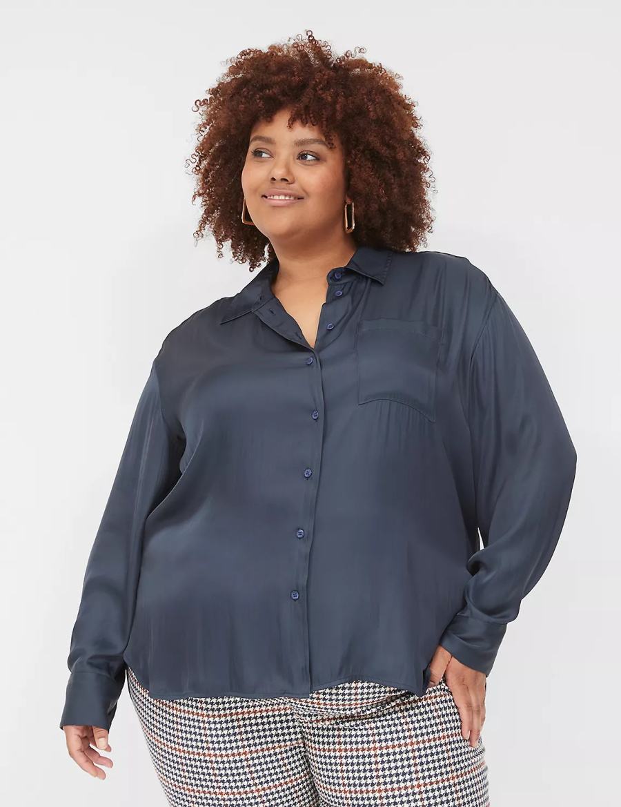 Women Lane Bryant Satin Button-Down Boyfriend Shirts Blue | ZML1771LT