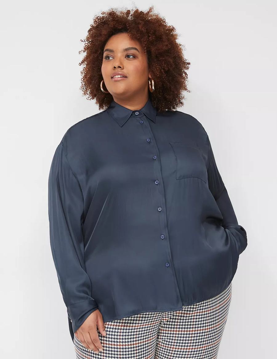 Women Lane Bryant Satin Button-Down Boyfriend Shirts Blue | ZML1771LT