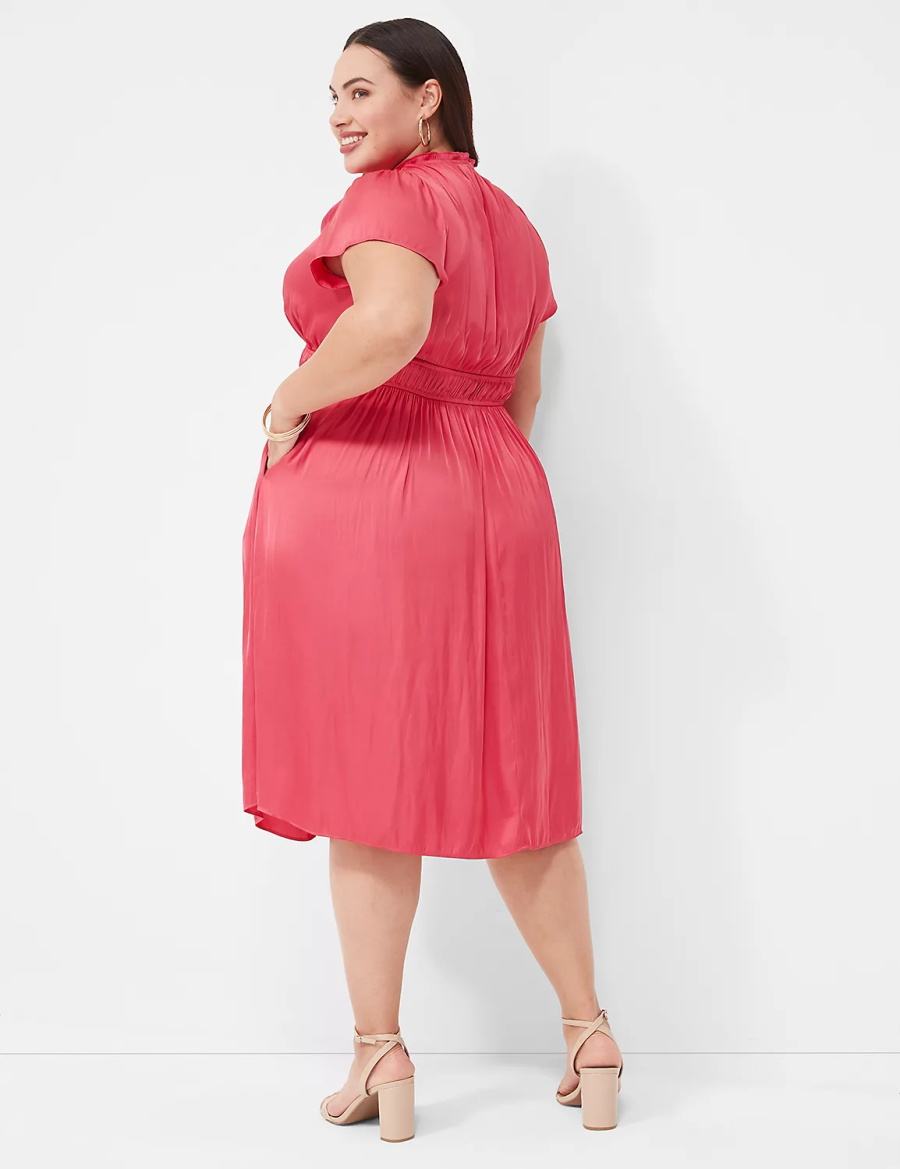 Women Lane Bryant Satin Flutter-Sleeve Ruffle V-Neck Midi Dress Pink | HGV6688EA