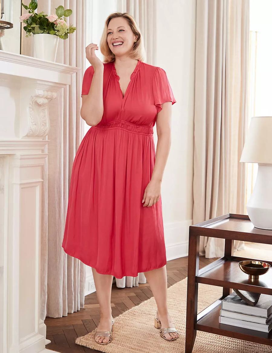 Women Lane Bryant Satin Flutter-Sleeve Ruffle V-Neck Midi Dress Pink | HGV6688EA