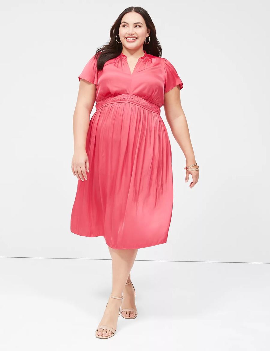 Women Lane Bryant Satin Flutter-Sleeve Ruffle V-Neck Midi Dress Pink | HGV6688EA