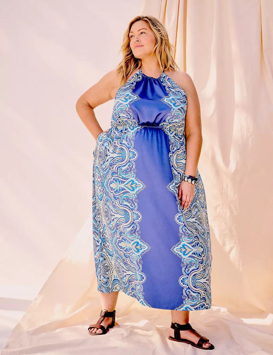 Women Lane Bryant Satin Halter-Neck Maxi Dress Blue | FJT4471XW