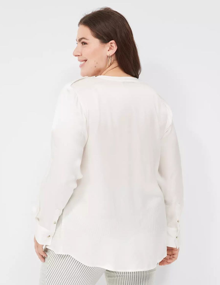 Women Lane Bryant Satin Long-Sleeve Button-Front Blouse White Rose | ZVN8962ZV