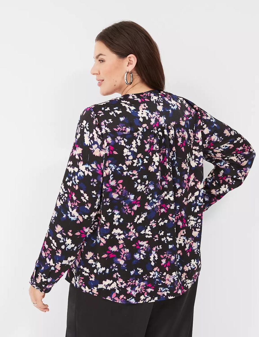 Women Lane Bryant Satin Ruched-Shoulder Blouse Black Multicolor | WEX8279LL