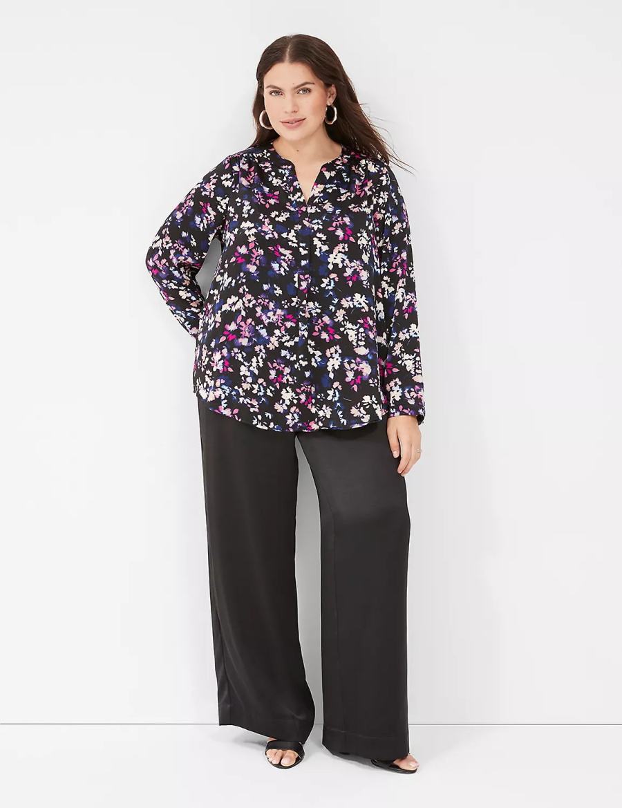 Women Lane Bryant Satin Ruched-Shoulder Blouse Black Multicolor | WEX8279LL