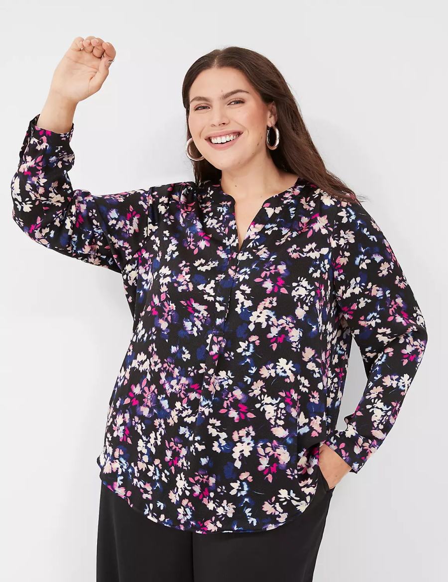 Women Lane Bryant Satin Ruched-Shoulder Blouse Black Multicolor | WEX8279LL