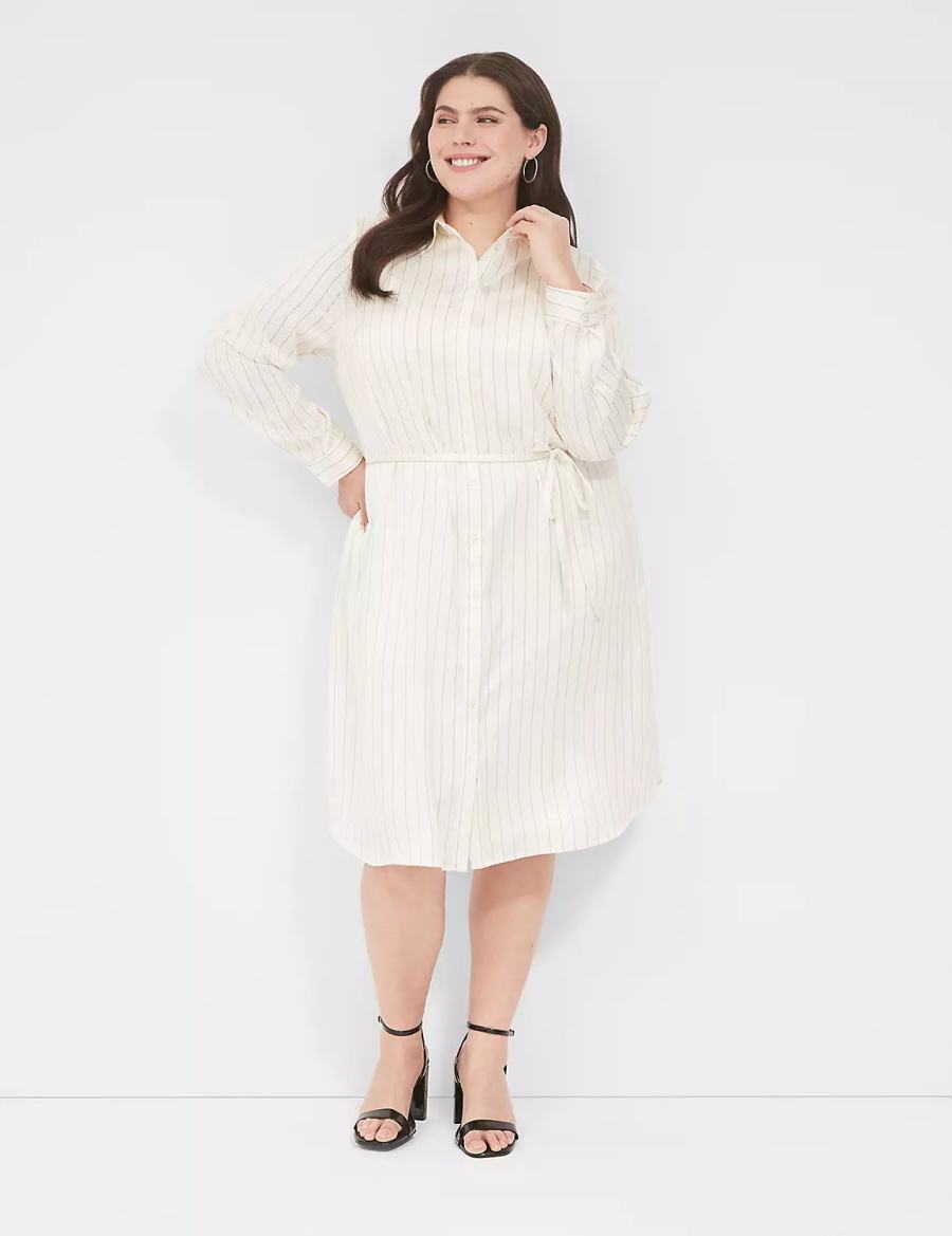 Women Lane Bryant Satin Shirt Overpiece Casual Dress White Black Stripes | HXO9223RW