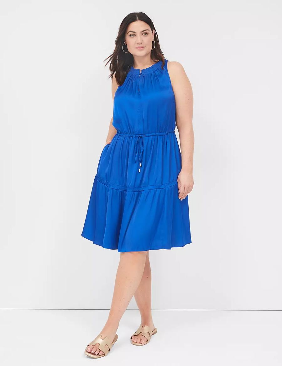 Women Lane Bryant Satin Smocked-Neck Tie-Waist Casual Dress Blue | XSN9216OQ