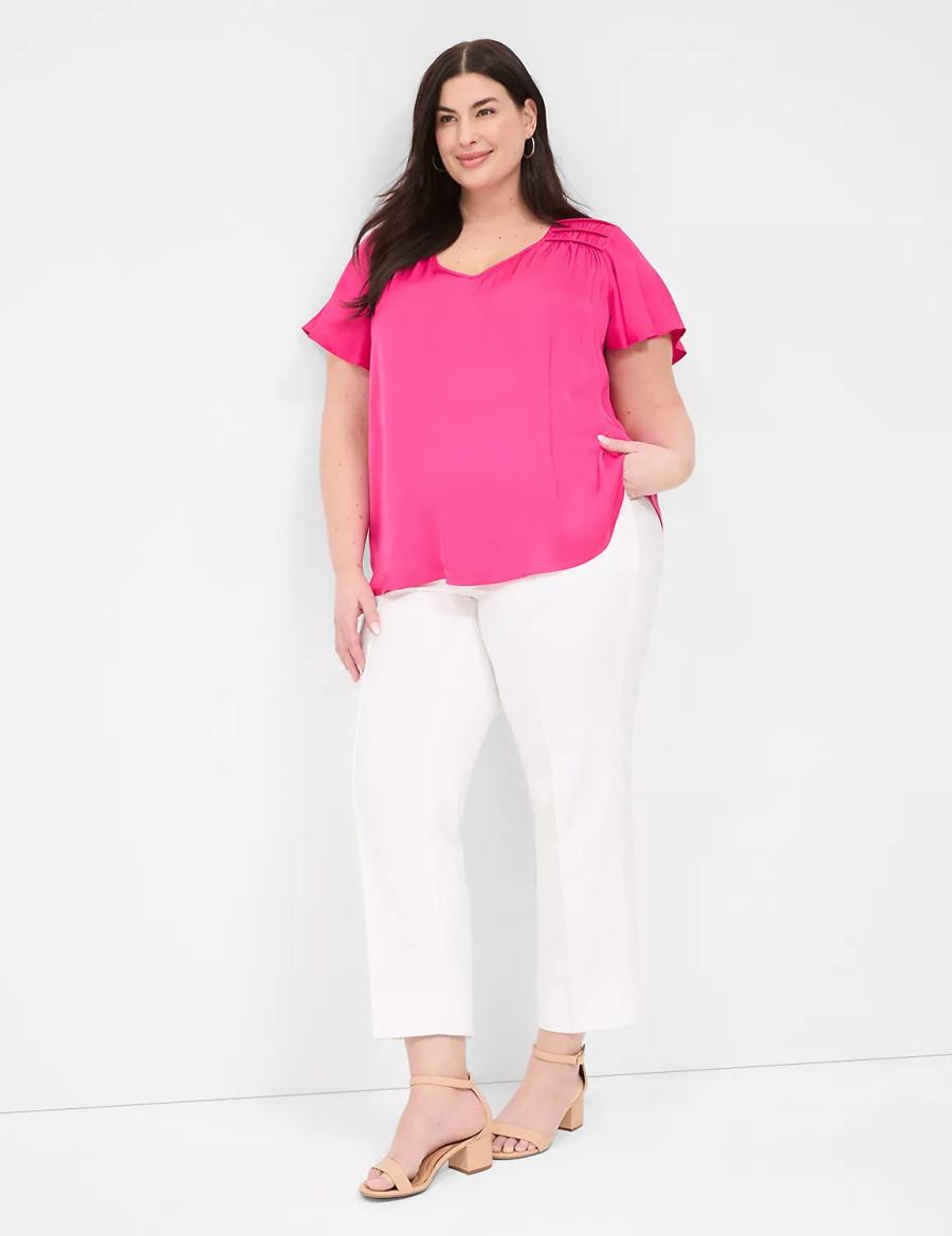 Women Lane Bryant Satin Smocked-Shoulder Blouse Pink | PJG41100PP