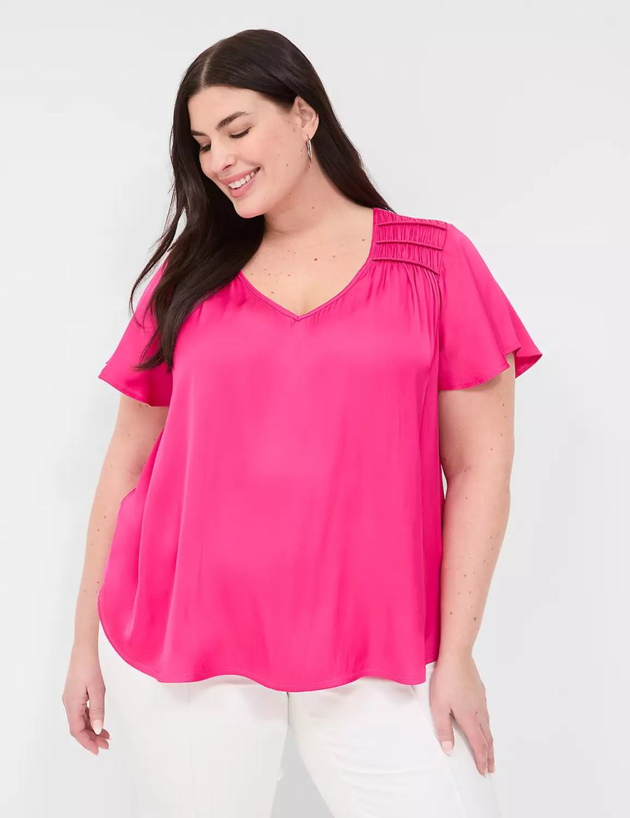 Women Lane Bryant Satin Smocked-Shoulder Blouse Pink | PJG41100PP