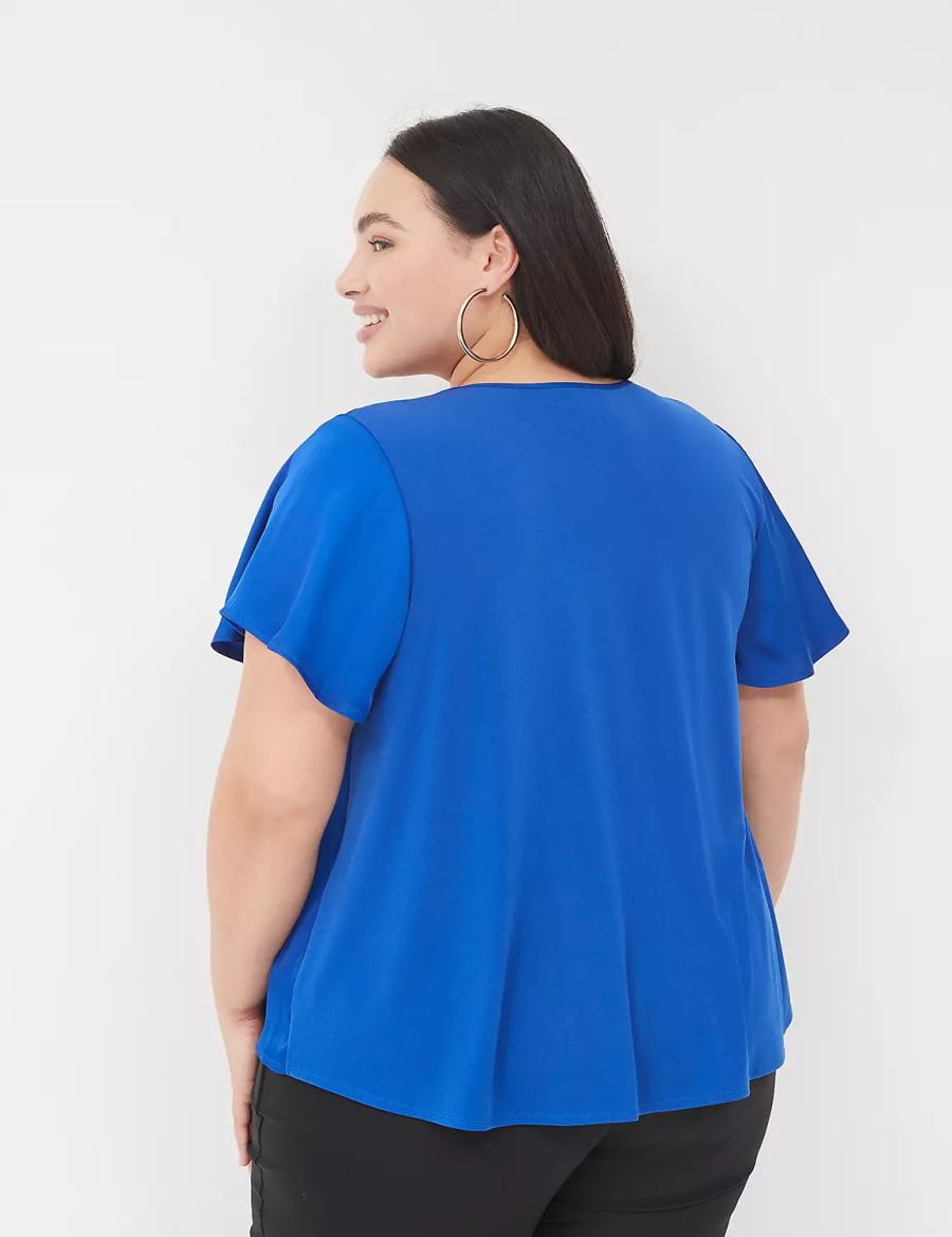 Women Lane Bryant Satin Smocked-Shoulder Blouse Blue | UFD2147UN