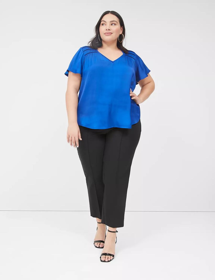 Women Lane Bryant Satin Smocked-Shoulder Blouse Blue | UFD2147UN