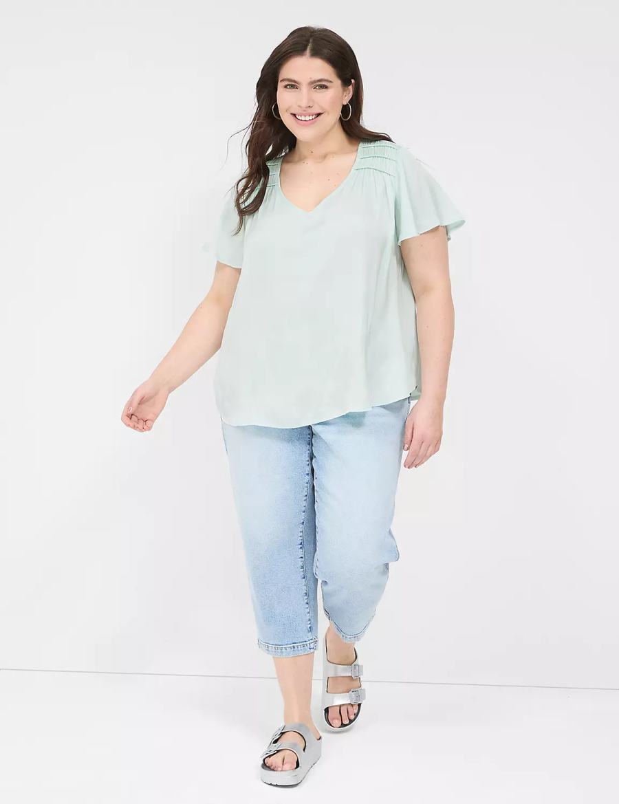 Women Lane Bryant Satin Smocked-Shoulder Blouse Light Green | DKN7222CE