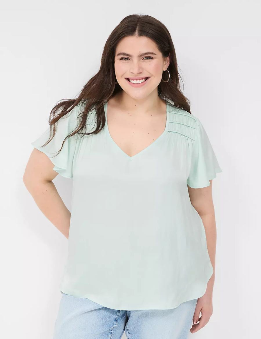 Women Lane Bryant Satin Smocked-Shoulder Blouse Light Green | DKN7222CE