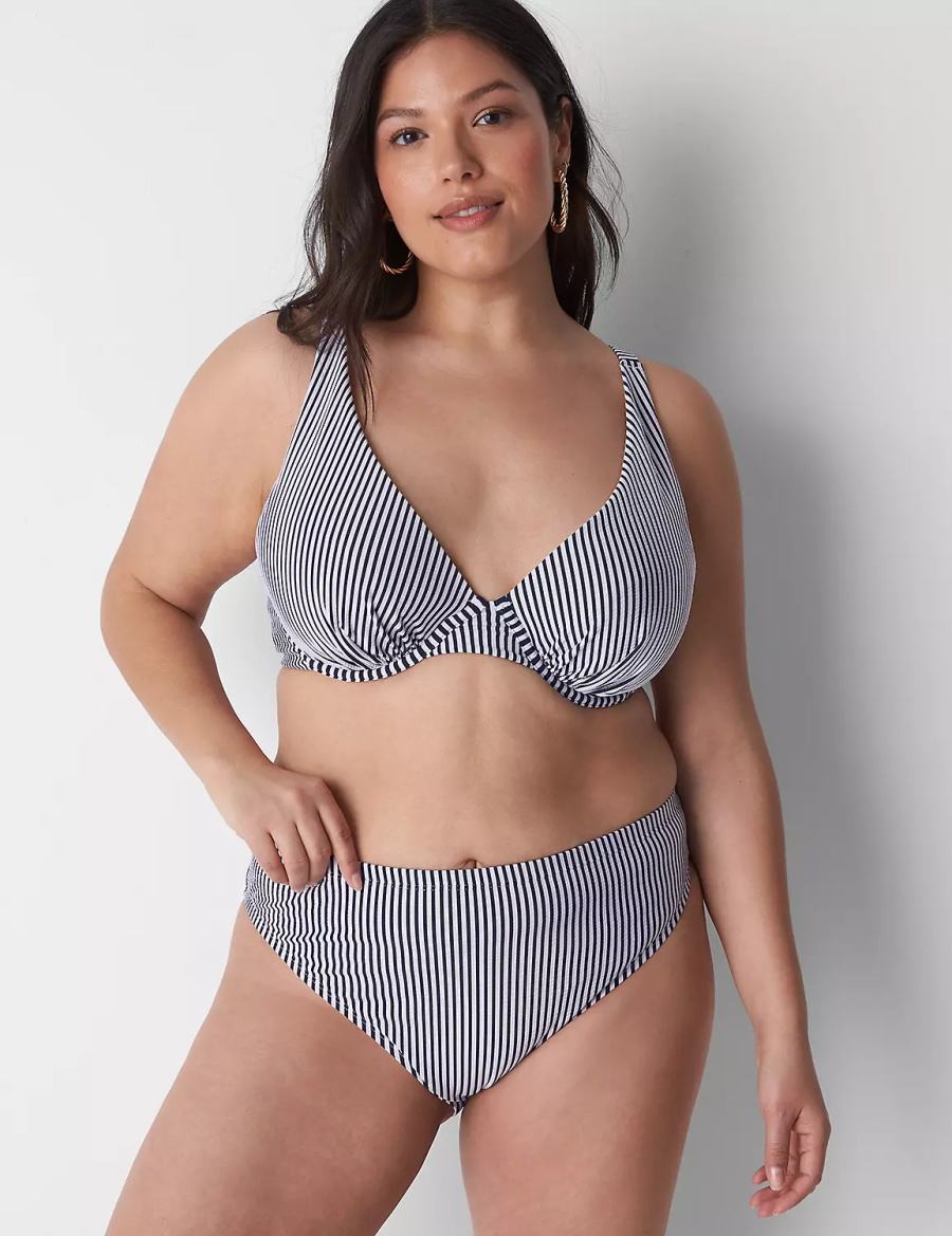 Women Lane Bryant Seersucker High-Leg Cheeky Swim Bikini Bottom Blue | VEQ9996GR