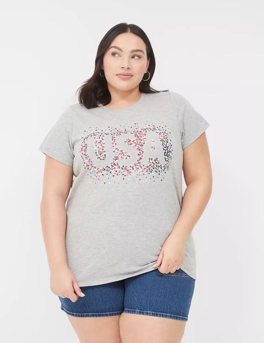 Women Lane Bryant Sequin USA Graphic Tee T Shirts Light Grey | VGW1961PD